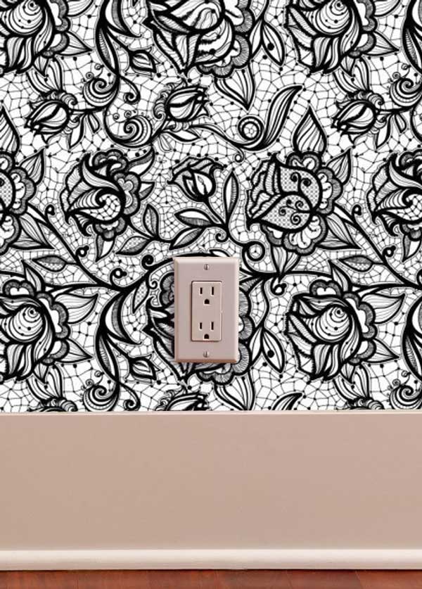 Black and White Lace Floral Peel and Stick Wallpaper living room