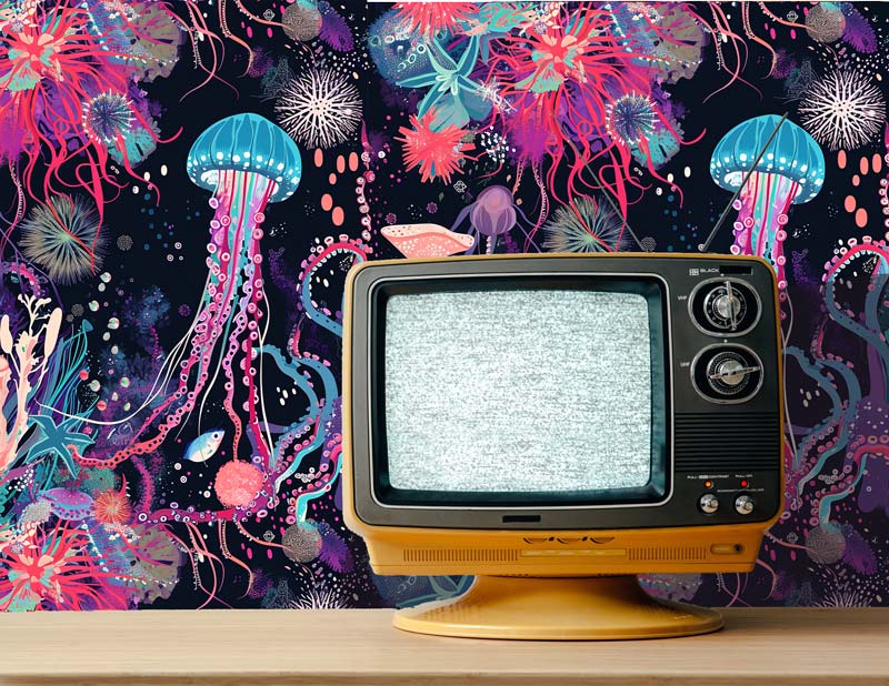 Jellyfish Wallpaper on wall behind retro TV