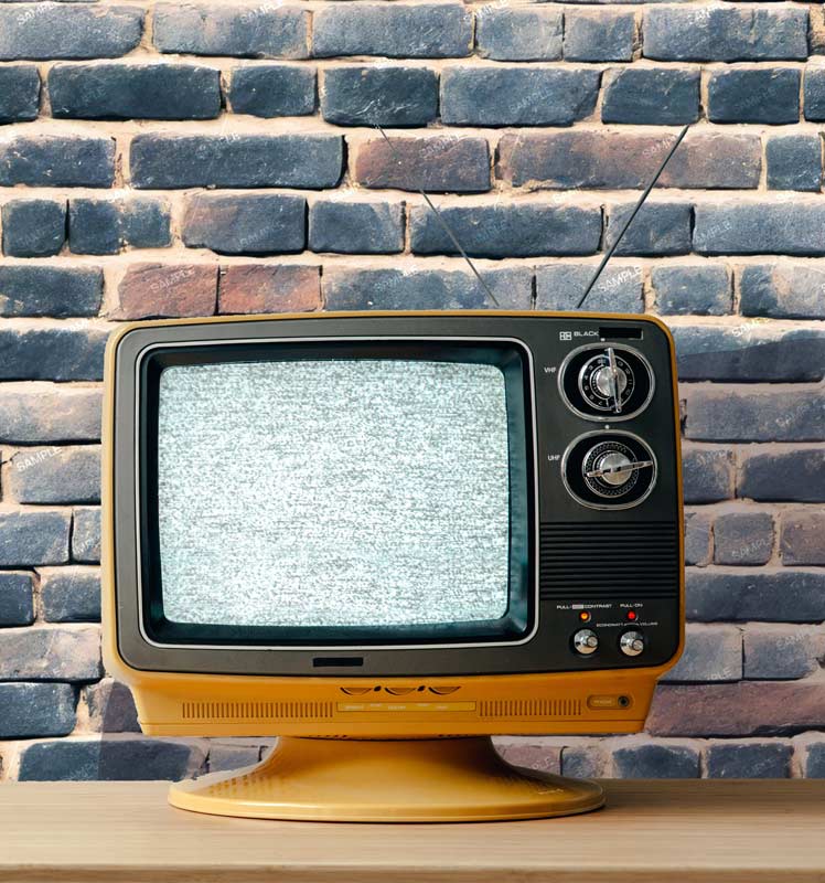 Brick wall removeable wallpaper pattern with vintage TV on counter