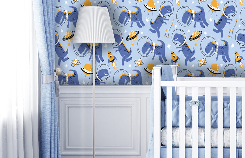 Dinosaurs In Space On Blue Peel and Stick Wallpaper