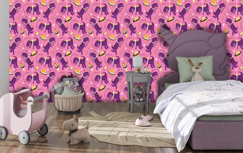 Dinosaurs In Space On Pink Peel and Stick Wallpaper