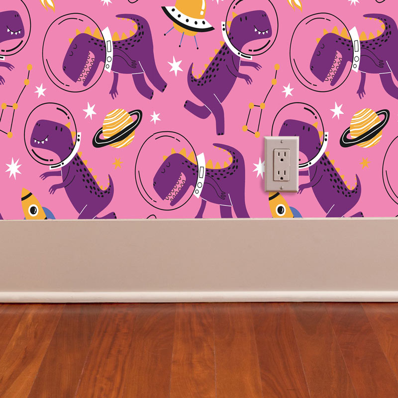 Dinosaurs In Space On Pink Peel and Stick Wallpaper