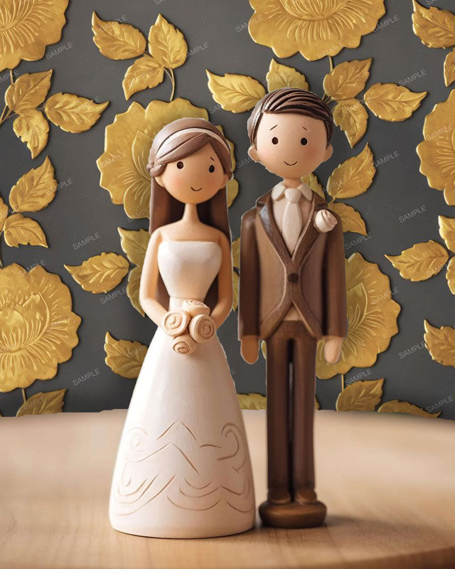 Embossed Gold Flowers Wallpaper pattern with bride and groom topper on table at wedding