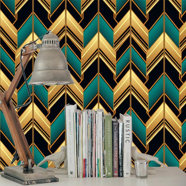 Orange Black and Turquoise Art Deco Removable Wallpaper
