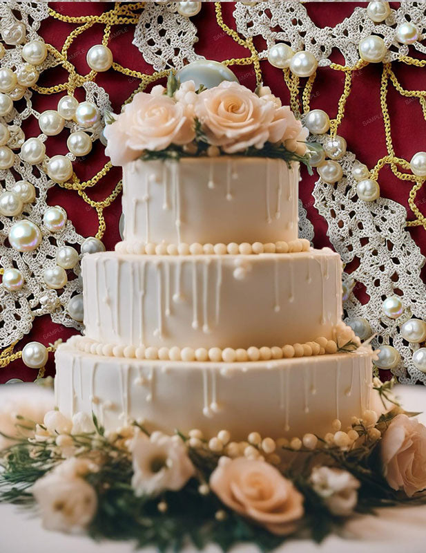 Pearls, gold chains and lace peel and stick wallpaper pattern with wedding cake