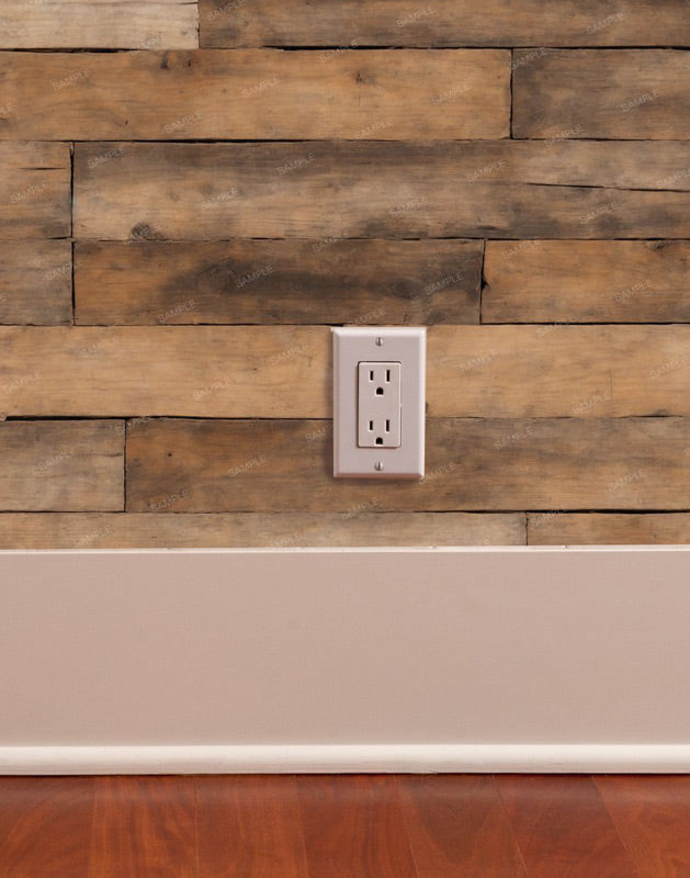 Pioneer wall boards wallpaper pattern up close with outlet trim and flooring