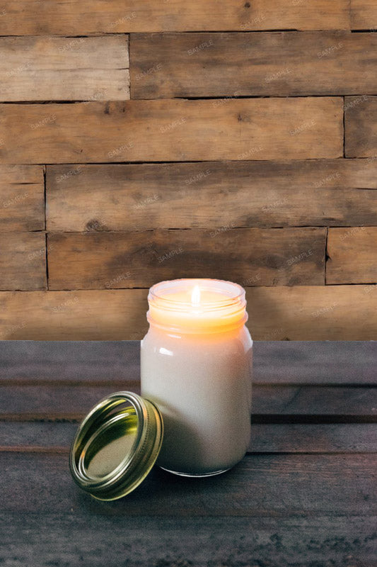 Pioneer wall boards wallpaper pattern with lit jar candle and lid on counter