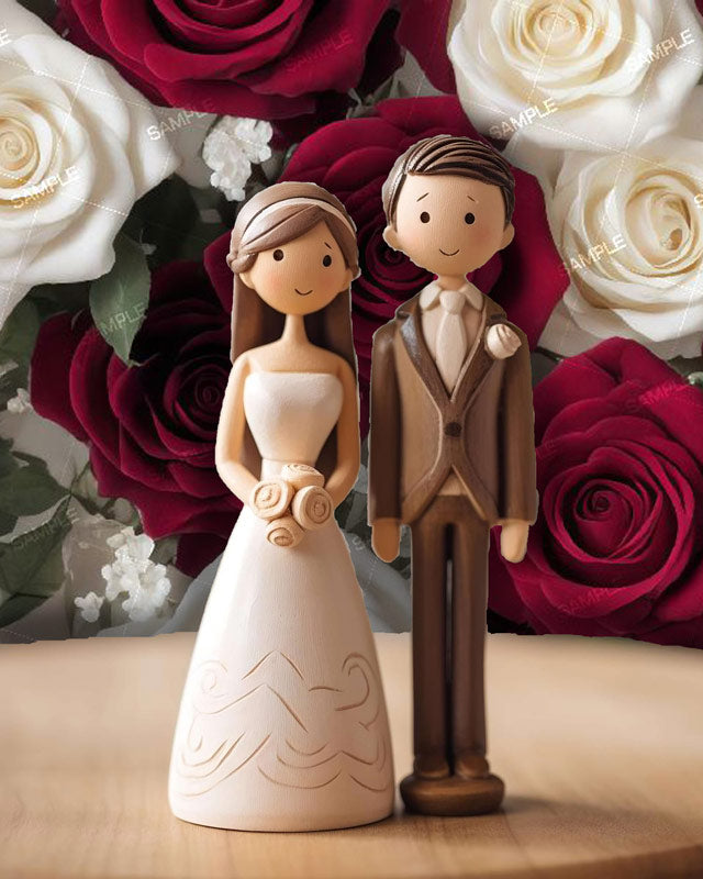 Red and white rose removable wallpaper pattern with bride and groom cake toppers