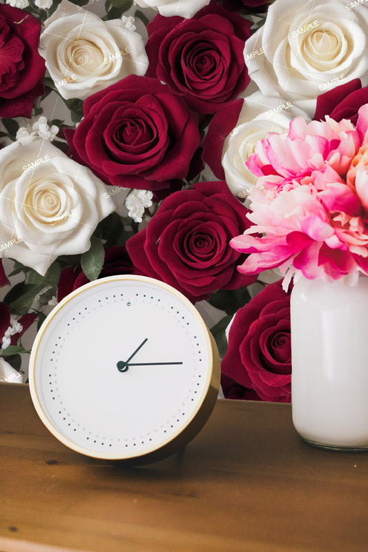 Red and white rose removable wallpaper pattern with clock and flower vase on counter