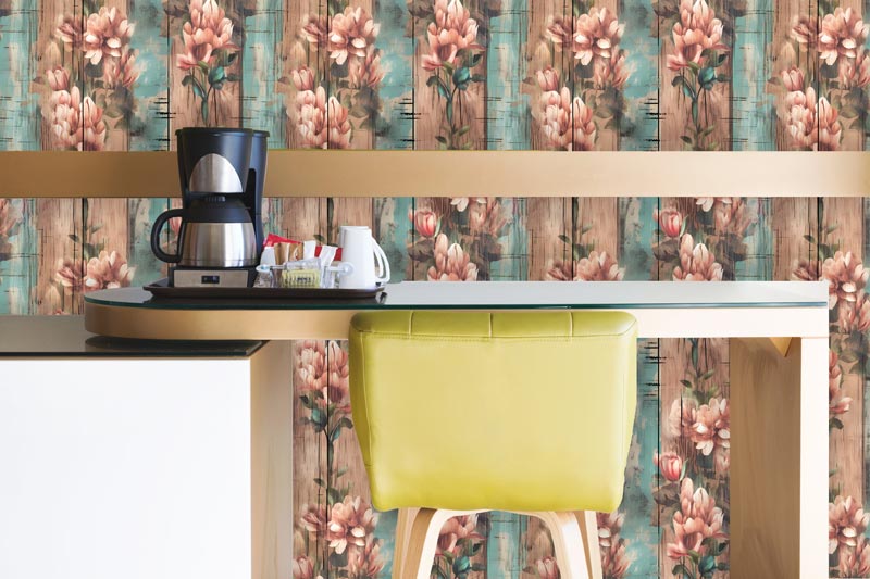 Pink Floral on Blue and Brown Distressed Wood Removable Wallpaper