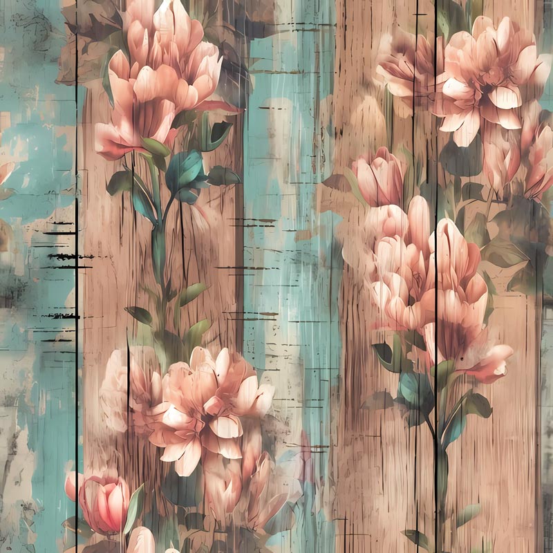 Pink Floral on Blue and Brown Distressed Wood Removable Wallpaper