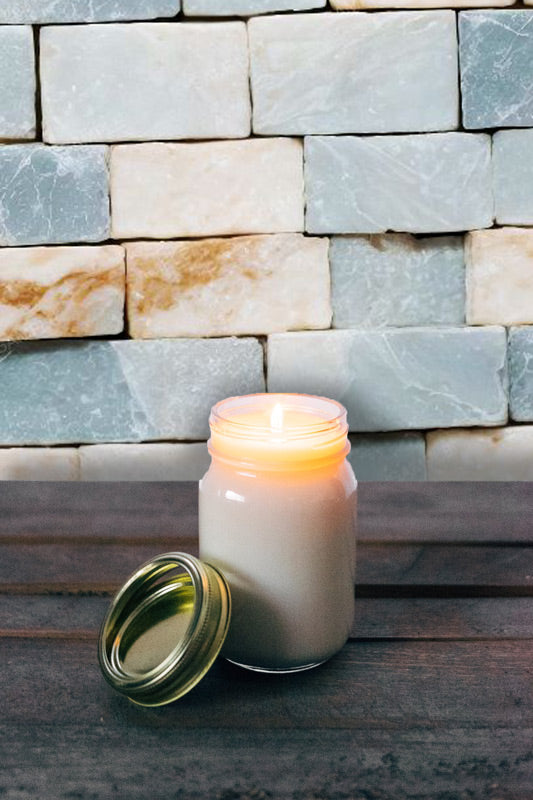 Marble Brick Peel and Stick wallpaper pattern with jar candle