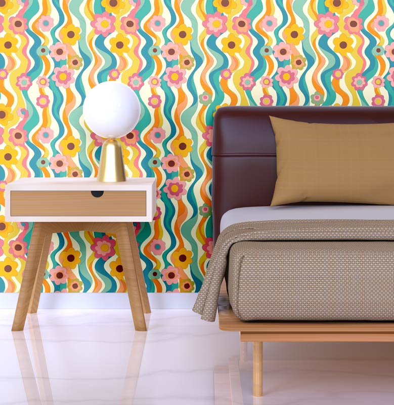 Squiggly Lines and Flowers Mid Century Modern Removable Wallpaper