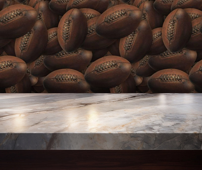 vintage football peel and stick wallpaper pattern on wall behind dry bar in man cave