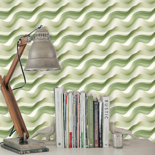 Wavy Green Removable Wallpaper Pattern with Desk lamp and books