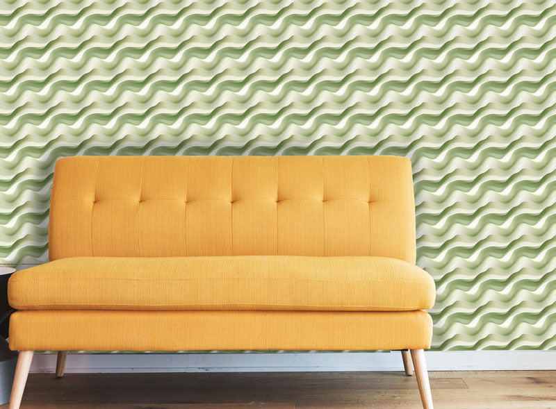 Wavy Green removable wallpaper pattern with yellow couch in living room