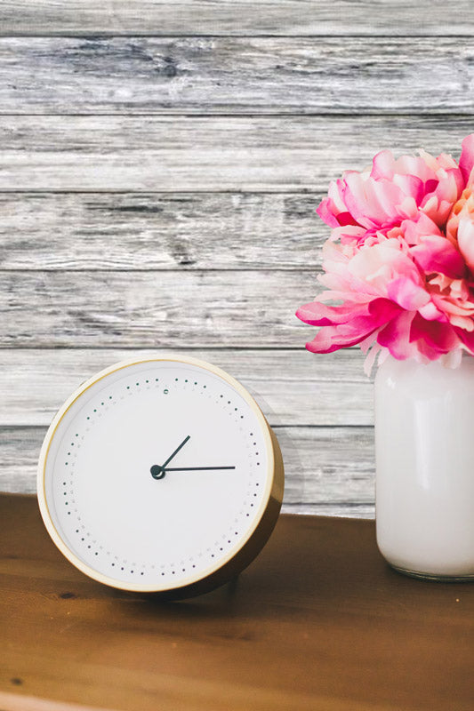 White-barnwood-peel-and-stick-wallpaper-clock-and-flowers