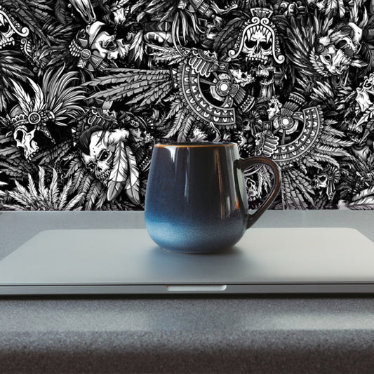 Aztec Indian Black and White Skull Peel and Stick Wallpaper office