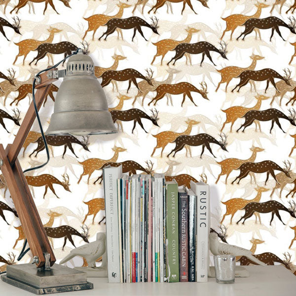 Brown and Tan Stylized Deer Hunting Peel and Stick Wallpaper office
