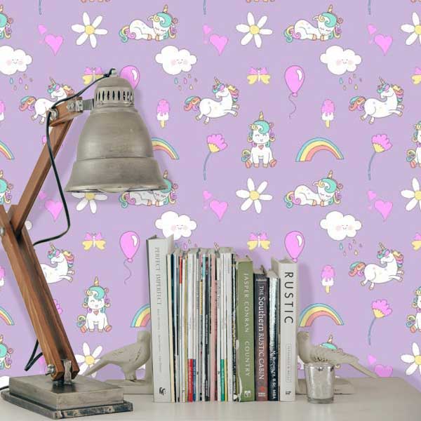 Cartoon Unicorns Rainbows & Balloons  Peel and Stick Wallpaper purple kids room