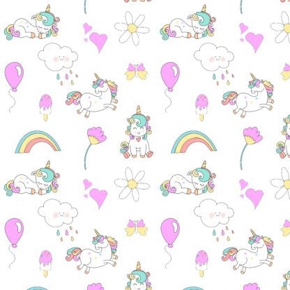 Cartoon Unicorns Rainbows & Balloons  Peel and Stick Wallpaper white