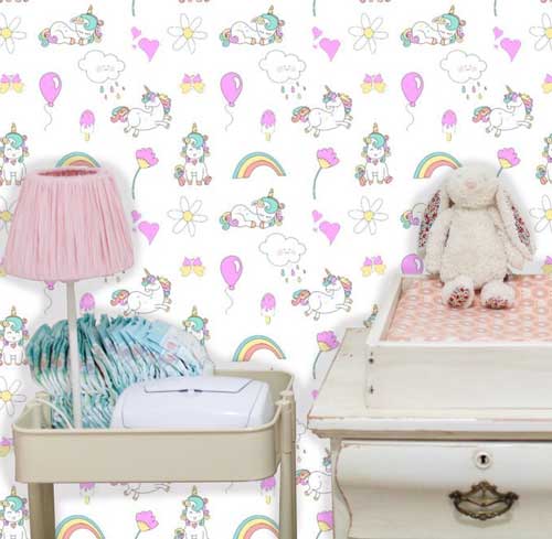 Cartoon Unicorns Rainbows & Balloons  Peel and Stick Wallpaper white kids room