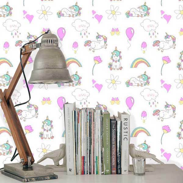 Cartoon Unicorns Rainbows & Balloons  Peel and Stick Wallpaper white kids room