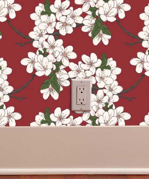 Cherry Blossoms Red Floral Peel and Stick Wallpaper Living room