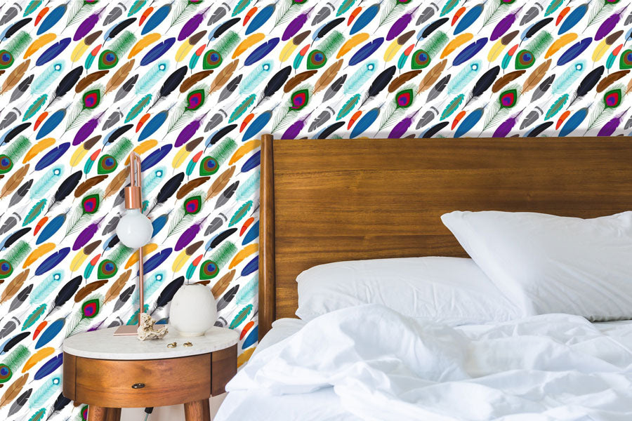 Colorful Feathers On White Peel and Stick Wallpaper