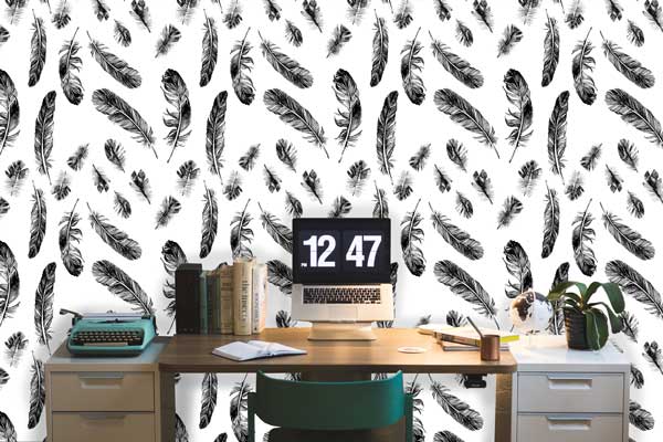 Feathers Black and White Peel and Stick Wallpaper Office
