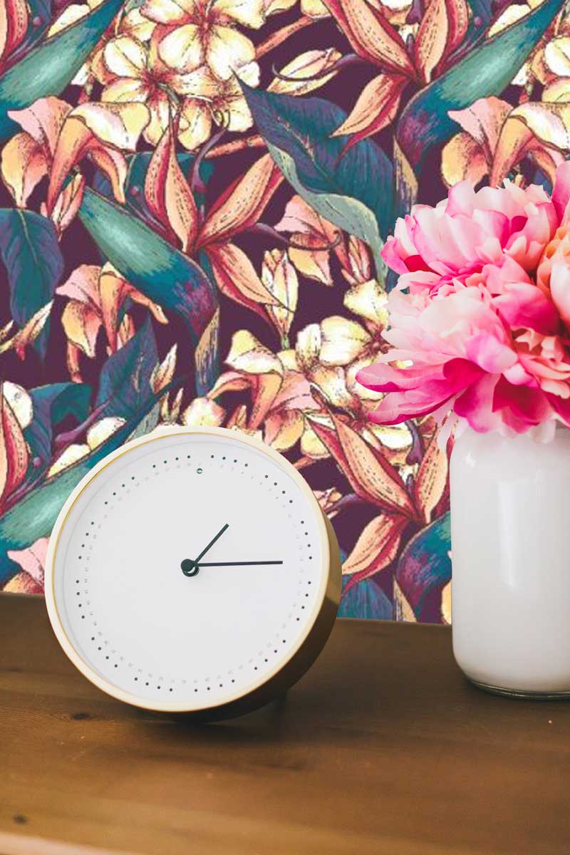 Hawaiian-floral-peel-and-stick-wallpaper-clock