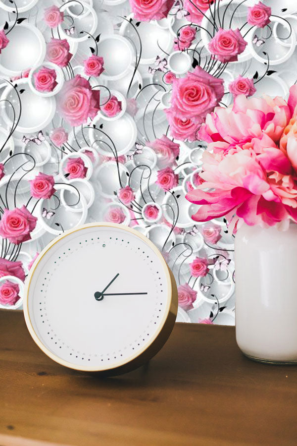Pink-Roses-_-Circles-Peel-and-Stick-Wallpaper-clock