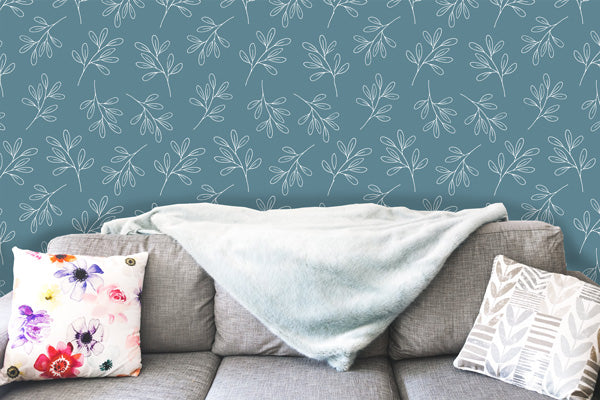 Simple Leaves Blue Peel and Stick Wallpaper living room