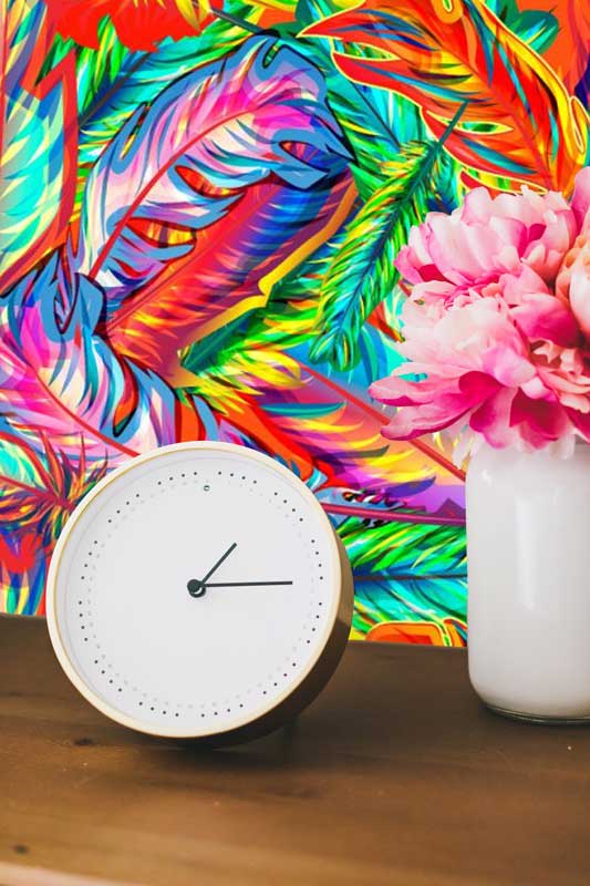 Vibrant-feathers-peel-and-stick-wallpaper-clock