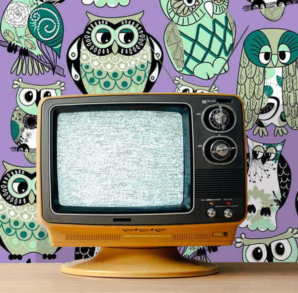 Vintage Owls Mid Century Modern Peel and Stick Wallpaper purple living room