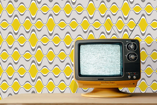 what's your tail mid century modern peel and stick wallpaper retro tv gray white yellow