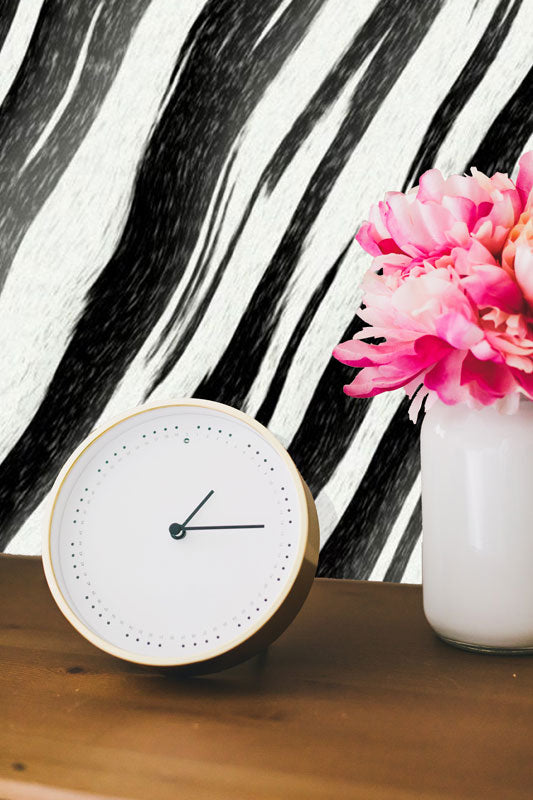 Zebra-pattern-peel-and-stick-wallpaper-clock-flowers