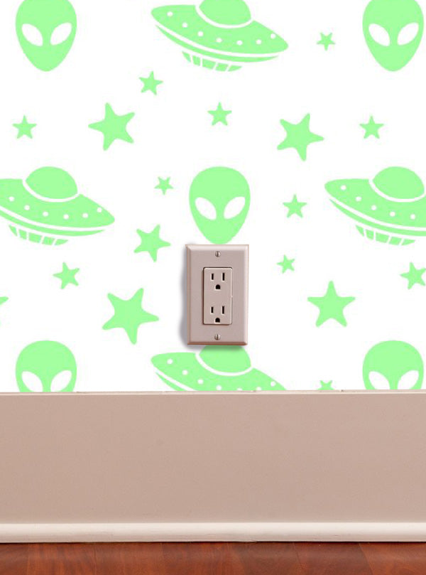Aliens Vinyl Peel and Stick Wallpaper white and green