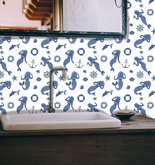 Blue mermaids peel and stick wallpaper bathroom