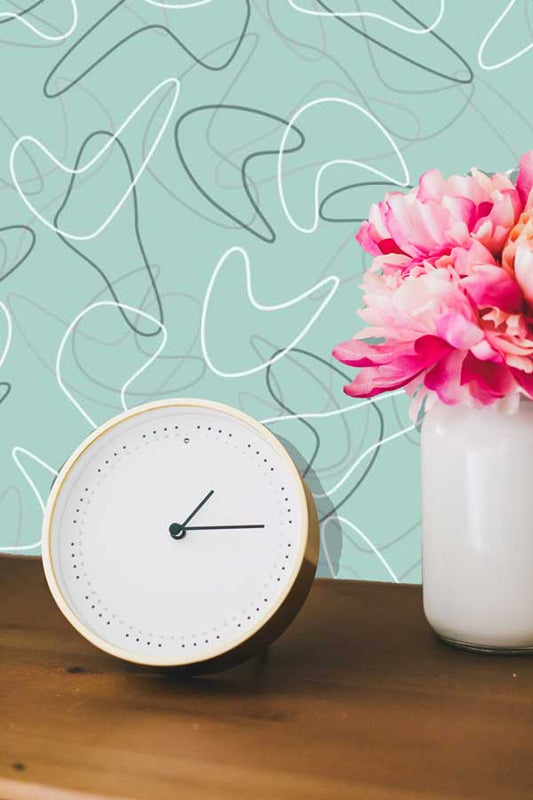 Fat City mid century modern peel and stick wallpaper clock and flowers