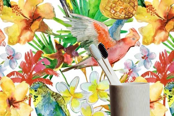 Hibiscus Floral Peel and Stick Wallpaper Birds Parakeets bathroom