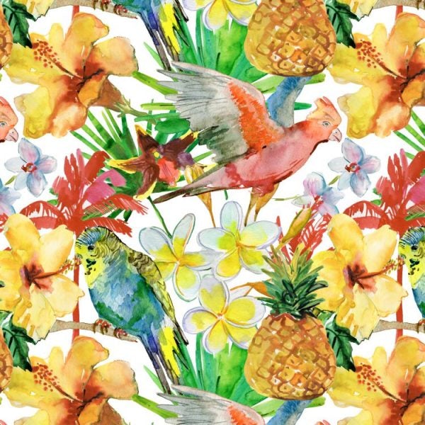 Hibiscus Floral Peel and Stick Wallpaper Birds Parakeets