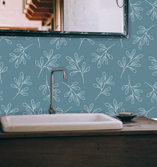 Simple Leaves Blue Peel and Stick Wallpaper bathroom