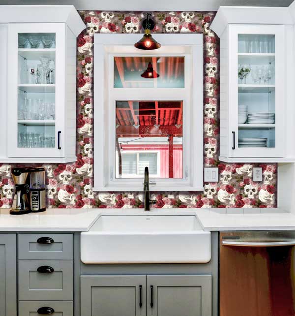 skulls and roses peel and stick wallpaper kitchen