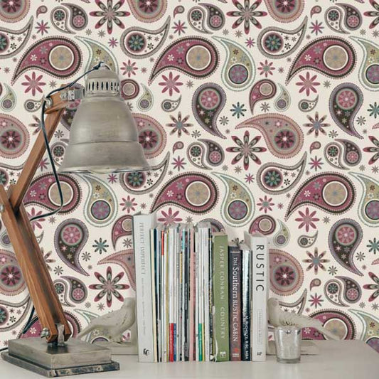 Tan Paisley With Floral Peel and Stick Wallpaper Office