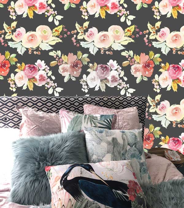 Watercolor Peonies Black Floral Peel and Stick Wallpaper bedroom