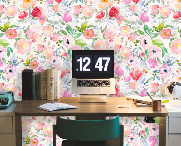 Watercolor Peonies White Floral Peel and Stick Wallpaper