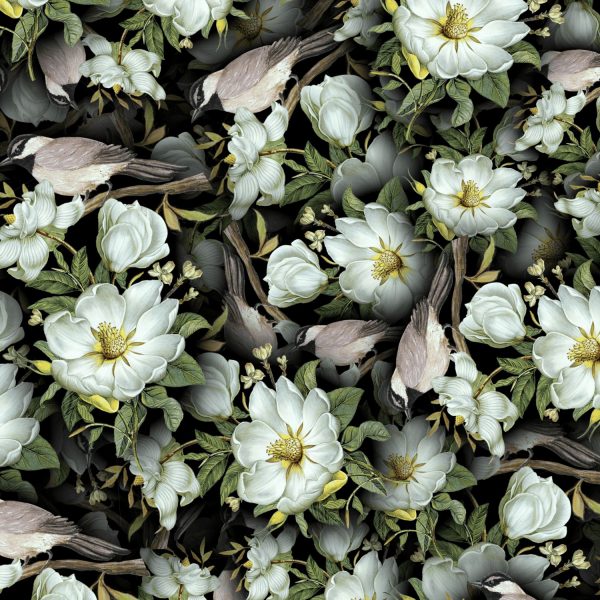 White Flowers and Sparrows Floral Peel and Stick Wallpaper