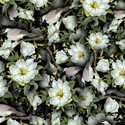 White Flowers and Sparrows Floral Peel and Stick Wallpaper